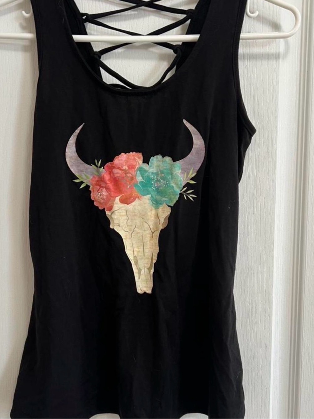 Black Floral Bull Skull Crisscross Back Tank Top